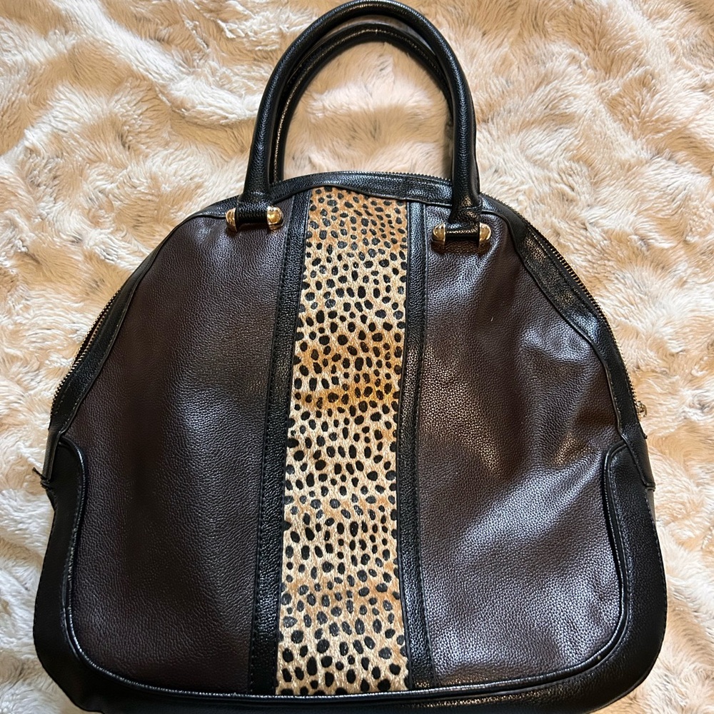 Charles David Black and Brown Tote with Animal Print